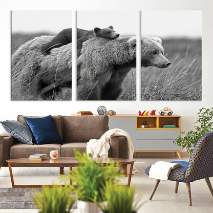 76338-MGV-CV-36X24-Mother Bear and Cub Wall Art – Black and White Wildlife Canvas Print, Rustic Nature Photography for Cabin, Living Room or Office