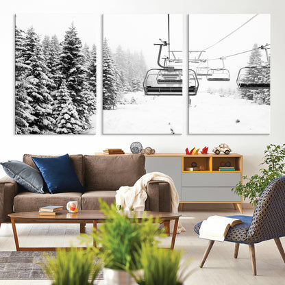 70609-MGV-CV-36X24-Snowy Ski Lift Wall Art – Black and White Winter Mountain Landscape Canvas Print, Rustic Lodge Decor for Cabin, Living Room or