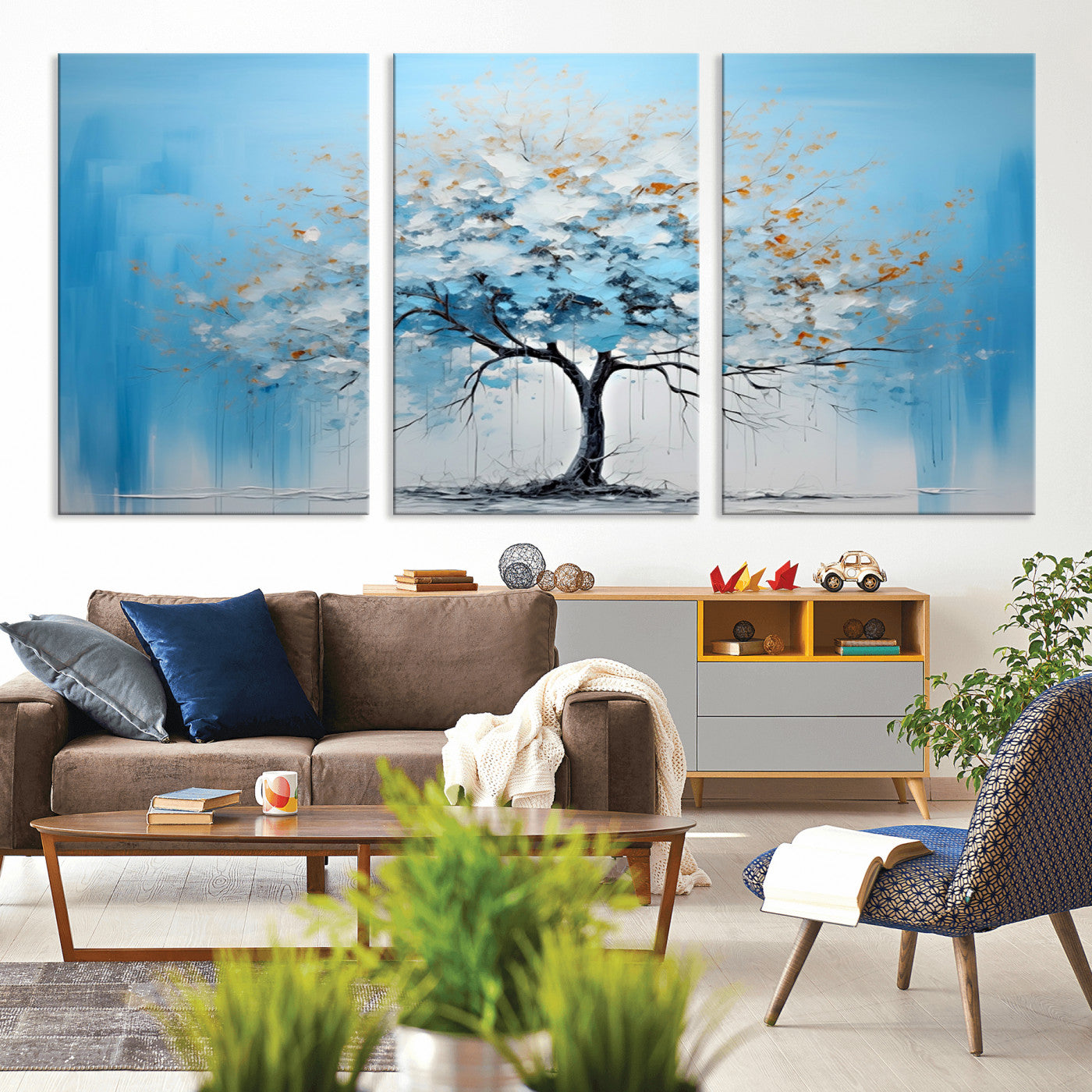 25021-MGV-CV-36X24-Abstract Tree Wall Art – Blue and White Canvas Painting with Gold Accents, Modern Nature-Inspired Artwork for Living Room, Bedroom