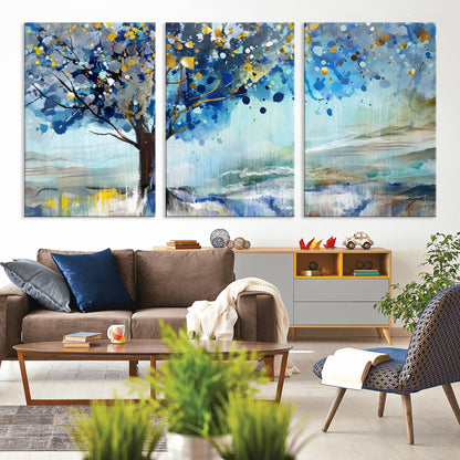17018-MGV-CV-36X24-Abstract Blue Tree Wall Art – Colorful Canvas Painting with Gold and Silver Accents, Modern Nature Artwork for Living Room,