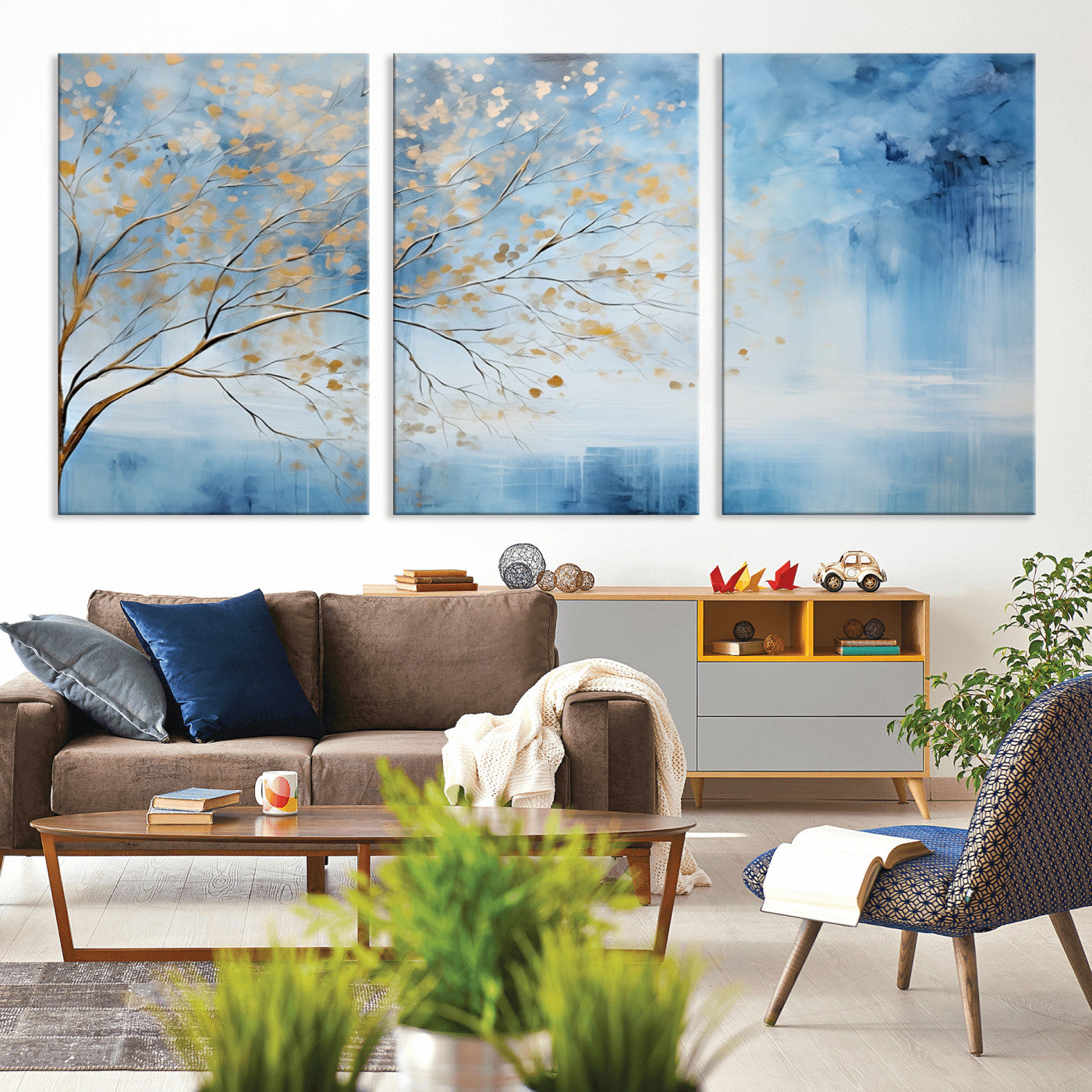 23891-MGV-CV-36X24-Abstract Tree Wall Art – Minimalist Blue and Gold Canvas Painting, Elegant Nature-Inspired Artwork for Living Room, Bedroom or