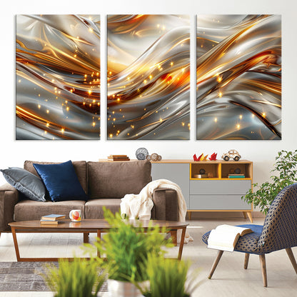 Lines1-MGV-CV-36X24-Abstract Metallic Wall Art – Silver and Gold Wave Canvas Print with Sparkling Accents, Modern Luxury Decor for Living Room, Office