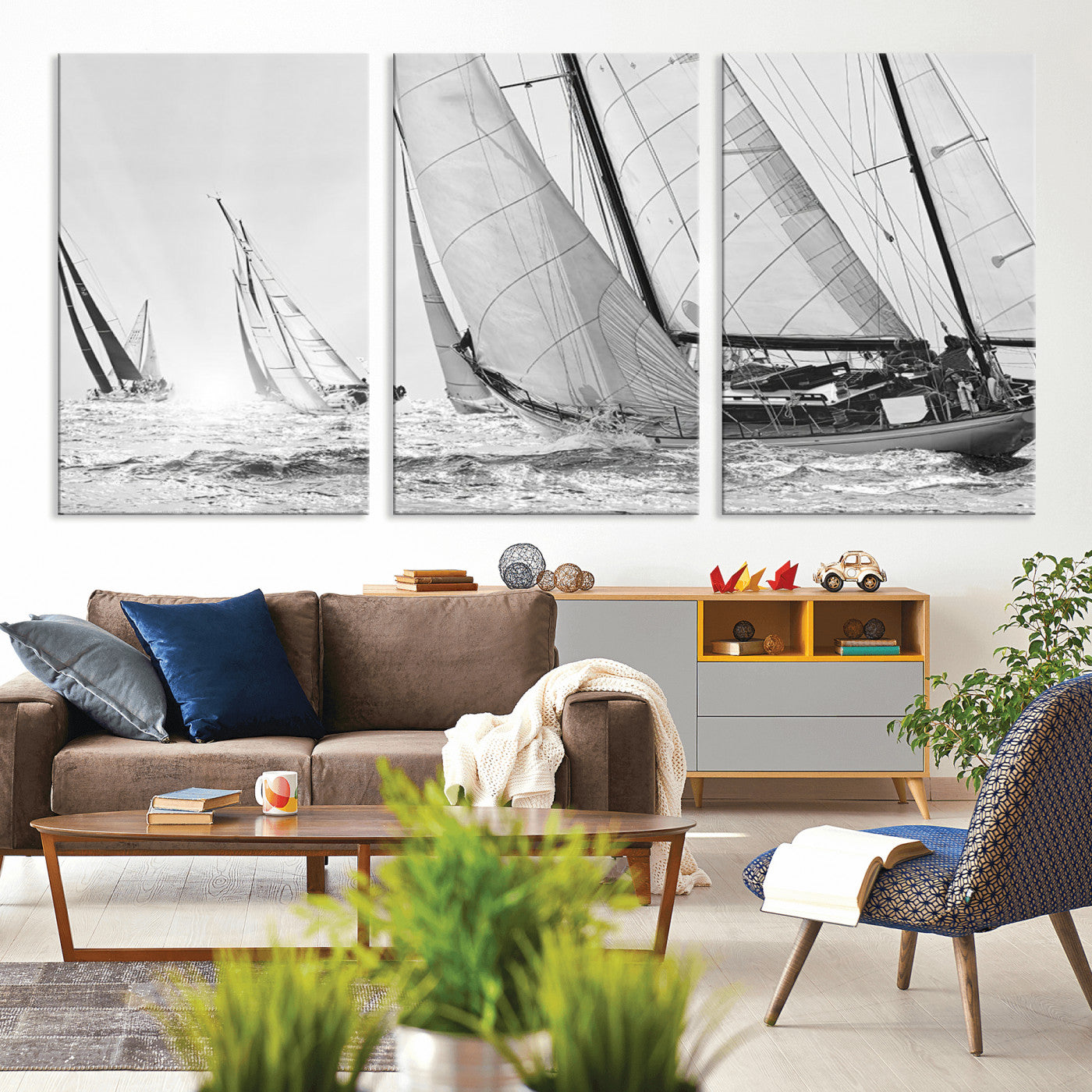Boat-1-MGV-CV-36X24-Sailboat Racing Wall Art – Nautical Black and White Canvas Print, Ocean Adventure Decor for Office, Living Room or Bedroom