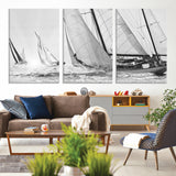 Boat-1-MGV-CV-36X24-Sailboat Racing Wall Art – Nautical Black and White Canvas Print, Ocean Adventure Decor for Office, Living Room or Bedroom