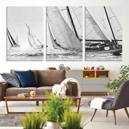 Boat-1-MGV-CV-36X24-Sailboat Racing Wall Art – Nautical Black and White Canvas Print, Ocean Adventure Decor for Office, Living Room or Bedroom