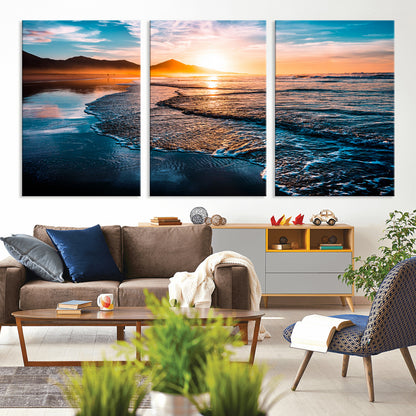 26494-MGV-CV-36X24-Ocean Sunset Wall Art – Scenic Beach Canvas Print with Waves and Mountains, Coastal Seascape Photography for Living Room, Bedroom