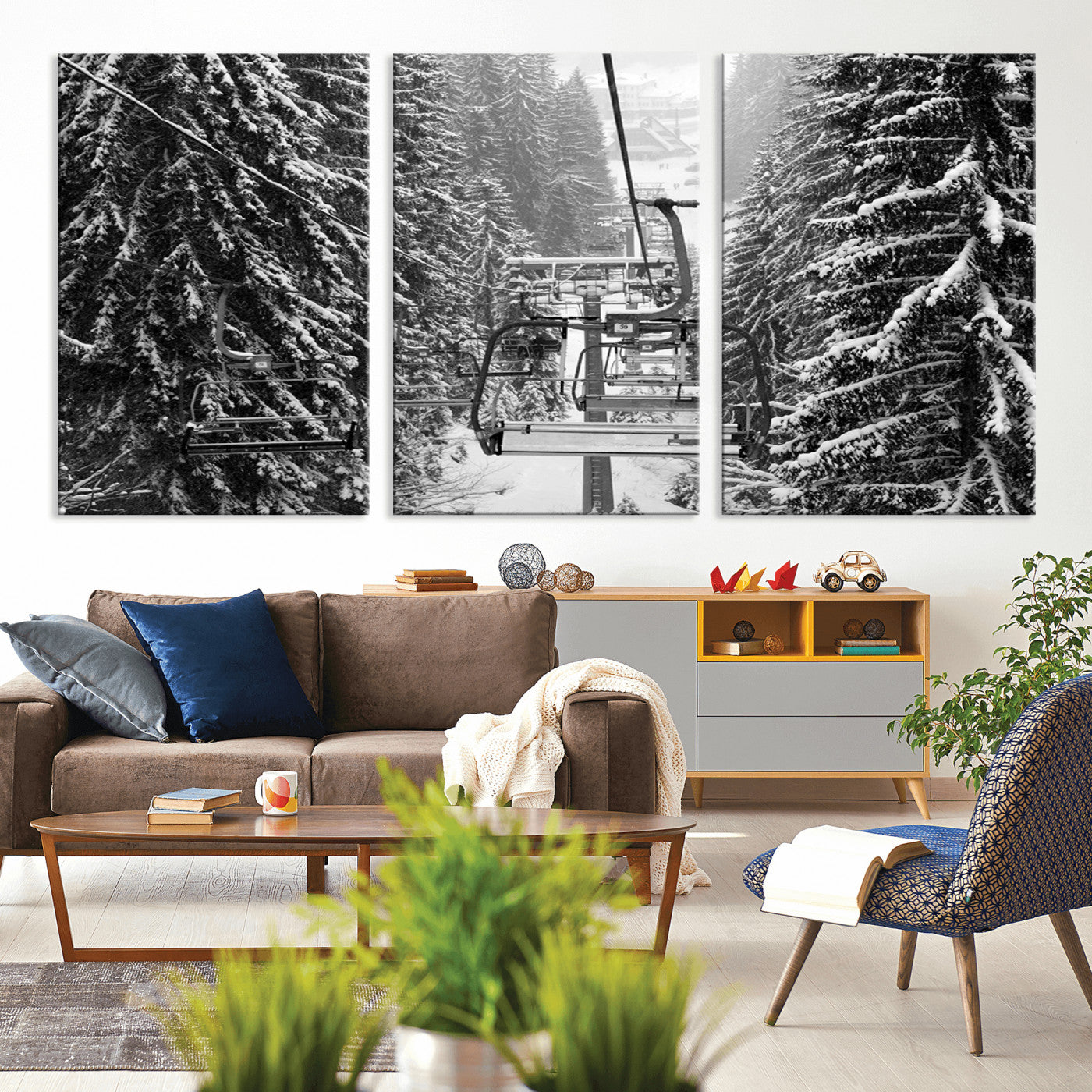 19240-MGV-CV-36X24-Ski Lift Wall Art – Black and White Winter Mountain Canvas Print, Snowy Forest Ski Resort Photography for Cabin, Lodge, Office or