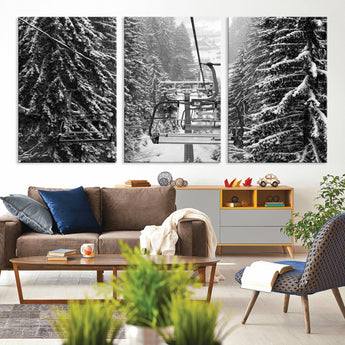 19240-MGV-CV-36X24-Ski Lift Wall Art – Black and White Winter Mountain Canvas Print, Snowy Forest Ski Resort Photography for Cabin, Lodge, Office or