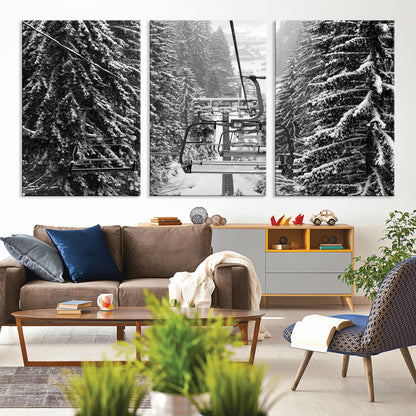 19240-MGV-CV-36X24-Ski Lift Wall Art – Black and White Winter Mountain Canvas Print, Snowy Forest Ski Resort Photography for Cabin, Lodge, Office or