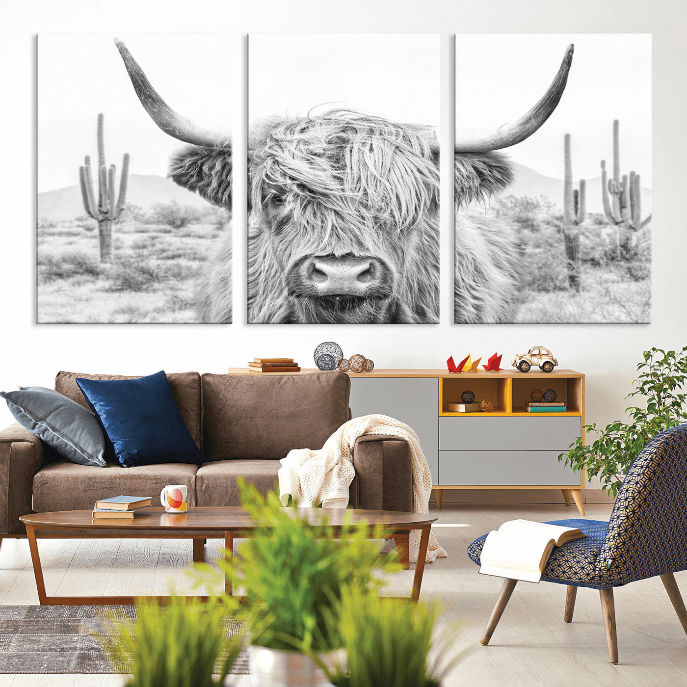 94579-MGV-CV-36X24-Highland Cow Wall Art – Black and White Longhorn Canvas Print, Rustic Western Farmhouse Animal Photography for Living Room,