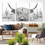 94579-MGV-CV-36X24-Highland Cow Wall Art – Black and White Longhorn Canvas Print, Rustic Western Farmhouse Animal Photography for Living Room,