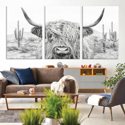 94579-MGV-CV-36X24-Highland Cow Wall Art – Black and White Longhorn Canvas Print, Rustic Western Farmhouse Animal Photography for Living Room,