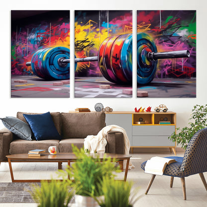 13549-MGV-CV-36X24-Graffiti Gym Wall Art Canvas Print, Framed Graffiti Barbell Art Picture Print, Weightlifting Perfect Fitness Studio Decor Artwork