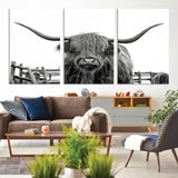 58188-MGV-CV-36X24-Highland Cow Wall Art – Black and White Rustic Farmhouse Canvas Print, Longhorn Cattle Photography Decor for Living Room or