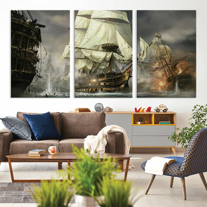 26512-MGV-CV-36X24-Naval Battle Wall Art – Dramatic Tall Ship Canvas Print, Historic Pirate Sailing War Scene, Nautical Decor for Office, Study or