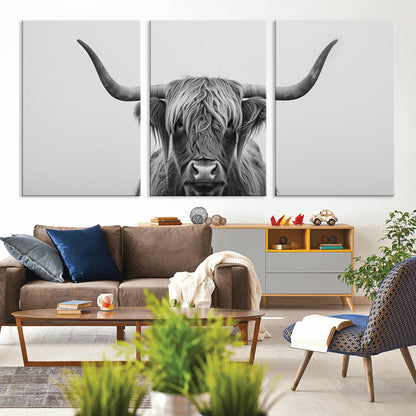 35820-MGV-CV-36X24-Minimalist Highland Cow Wall Art – Black and White Longhorn Cattle Canvas Print, Modern Farmhouse Animal Photography Decor for
