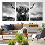 17924-MGV-CV-36X24-Highland Cow Wall Art – Black and White Rustic Longhorn Cattle Canvas Print, Farmhouse Animal Photography Decor for Country Home