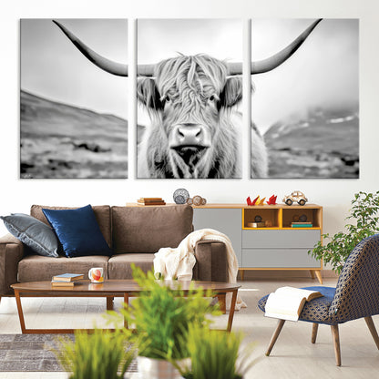 80564-MGV-CV-36X24-Highland Cow Wall Art – Black and White Scottish Highland Canvas Print, Rustic Farmhouse Decor for Living Room, Bedroom or Office