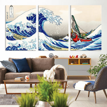 19450-MGV-CV-36X24-Great Wave Adventure Wall Art – Japanese Style Ocean Canvas Print, Fantasy Sailing Decor for Living Room, Bedroom or Office