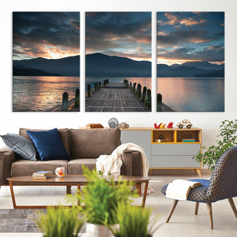 20442-MGV-CV-36X24-Lakeside Sunset Dock Wall Art – Peaceful Mountain Lake Canvas Print, Serene Nature Landscape Decor for Living Room, Bedroom or