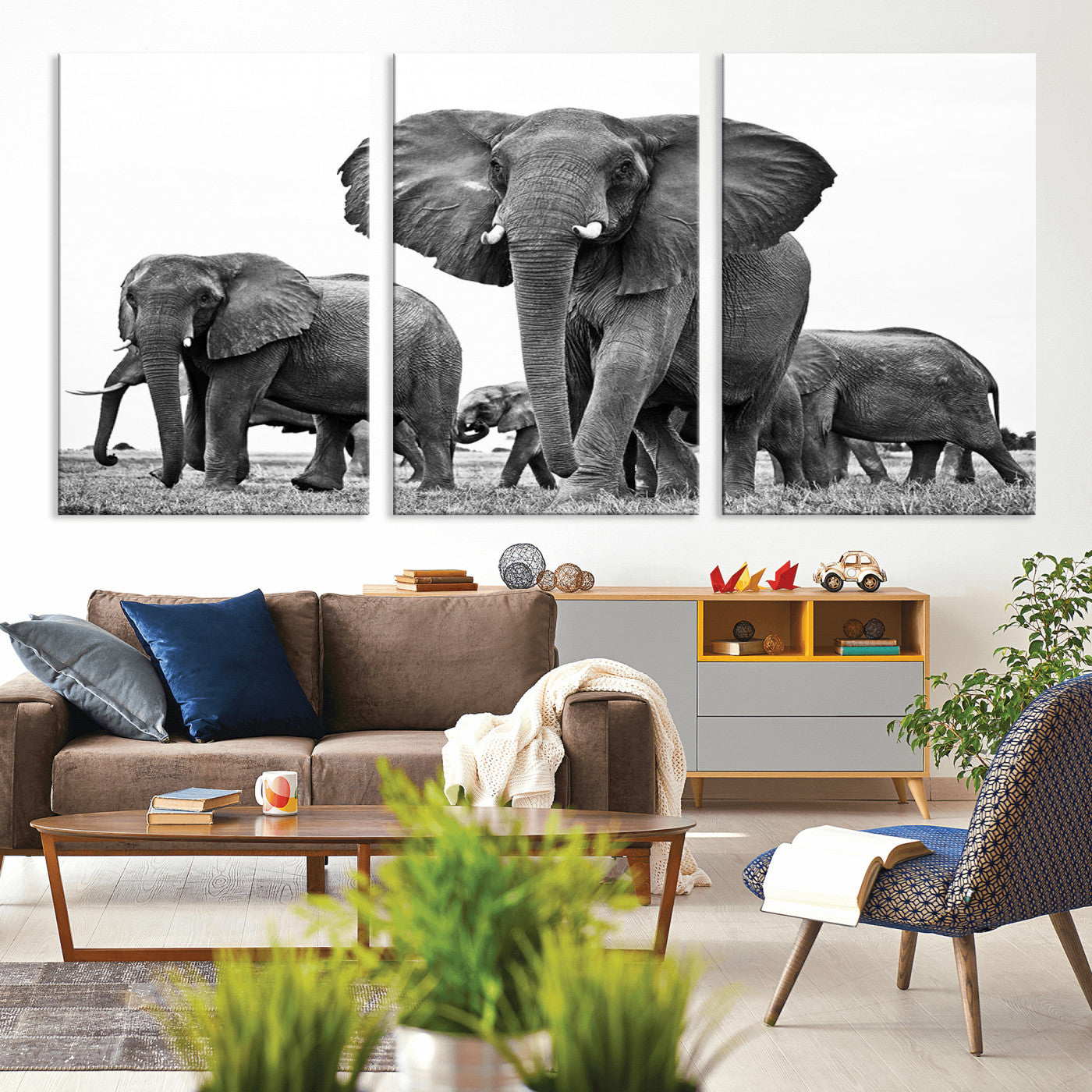 91685-MGV-CV-36X24-Elephant Herd Wall Art – Black and White Safari Canvas Print, African Wildlife Photography Decor for Living Room, Office or