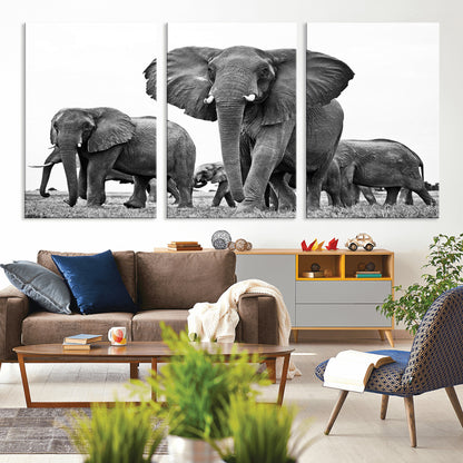 91685-MGV-CV-36X24-Elephant Herd Wall Art – Black and White Safari Canvas Print, African Wildlife Photography Decor for Living Room, Office or