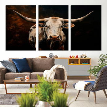 70522-MGV-CV-36X24-Longhorn Bull Wall Art – Striking Canvas Print of Majestic Bull, Premium Animal Decor for Home, Office, Man Cave, or Living Room