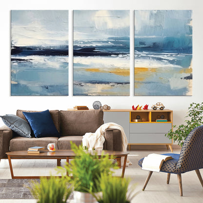 19746-MGV-CV-36X24-Abstract Ocean Wall Art – Modern Coastal Canvas Print with Blue, White and Gold Textures, Contemporary Seascape Painting for