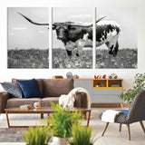 94709-MGV-CV-36X24-Texas Longhorn Wall Art – Black and White Bull Photography Canvas Print, Western Farmhouse Wall Decor for Living Room, Office or