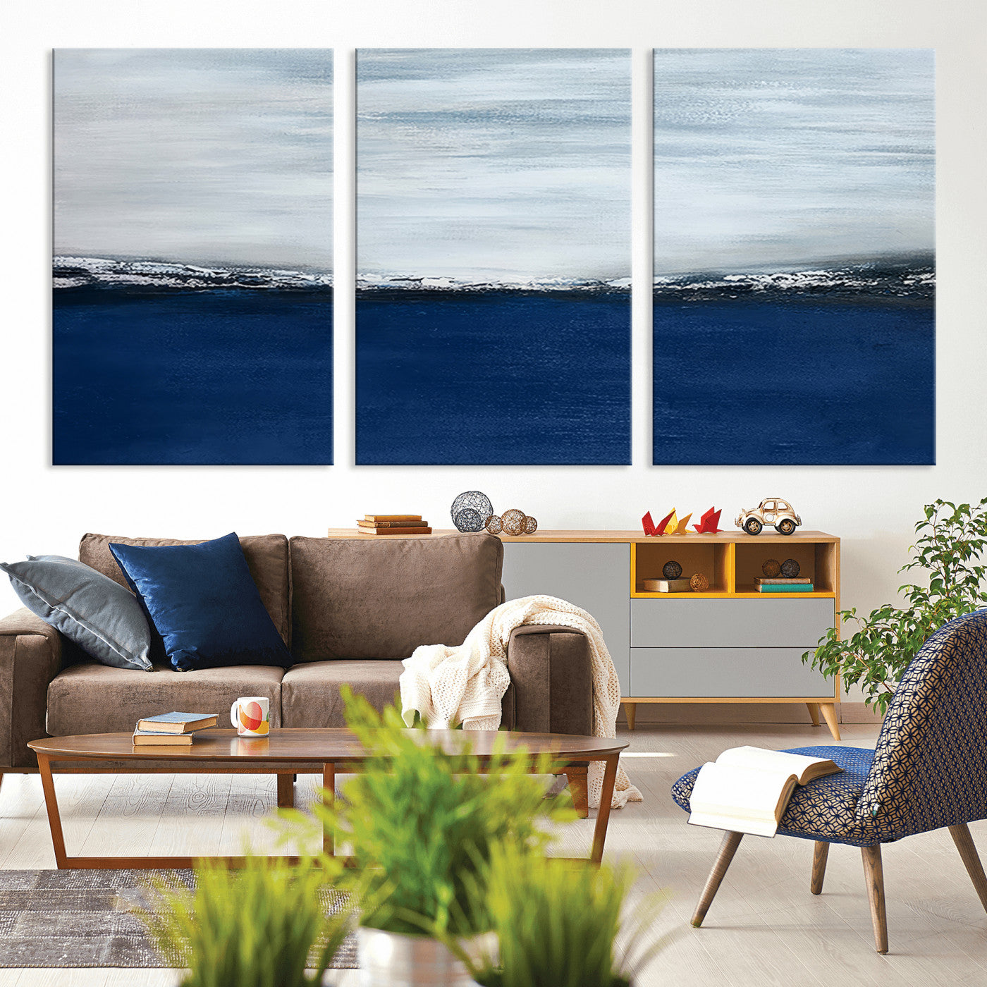 62197-MGV-CV-36X24-Abstract Ocean Wall Art – Minimalist Blue and White Canvas Print, Modern Coastal Seascape Painting for Bedroom, Living Room or