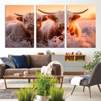 68253-MGV-CV-36X24-Highland Cow Wall Art – Rustic Farmhouse Cattle Canvas Print, Frosty Sunset Animal Artwork for Living Room, Bedroom or Country