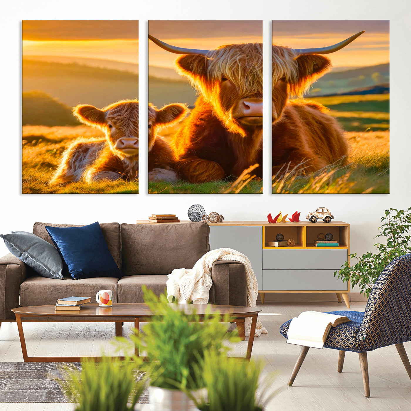 20567-MGV-CV-36X24-Highland Cow and Calf Wall Art – Rustic Farmhouse Sunset Cattle Canvas Print, Country Animal Artwork for Living Room, Bedroom, or