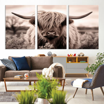 55903-MGV-CV-36X24-Highland Cow Wall Art – Rustic Sepia Scottish Highland Bull Canvas Print, Farmhouse Country Animal Decor for Living Room, Bedroom