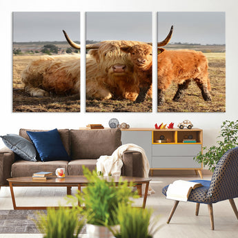 53461-MGV-CV-36X24-Highland Cow Family Wall Art – Rustic Farmhouse Animal Canvas Print, Country Decor for Living Room, Bedroom or Office, Calf and