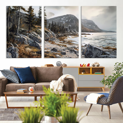 41281-MGV-CV-36X24-Rocky Shoreline Wall Art – Panoramic Mountain Coast and Forest Canvas Print, Rustic Nature Landscape Decor for Cabin, Lodge, or