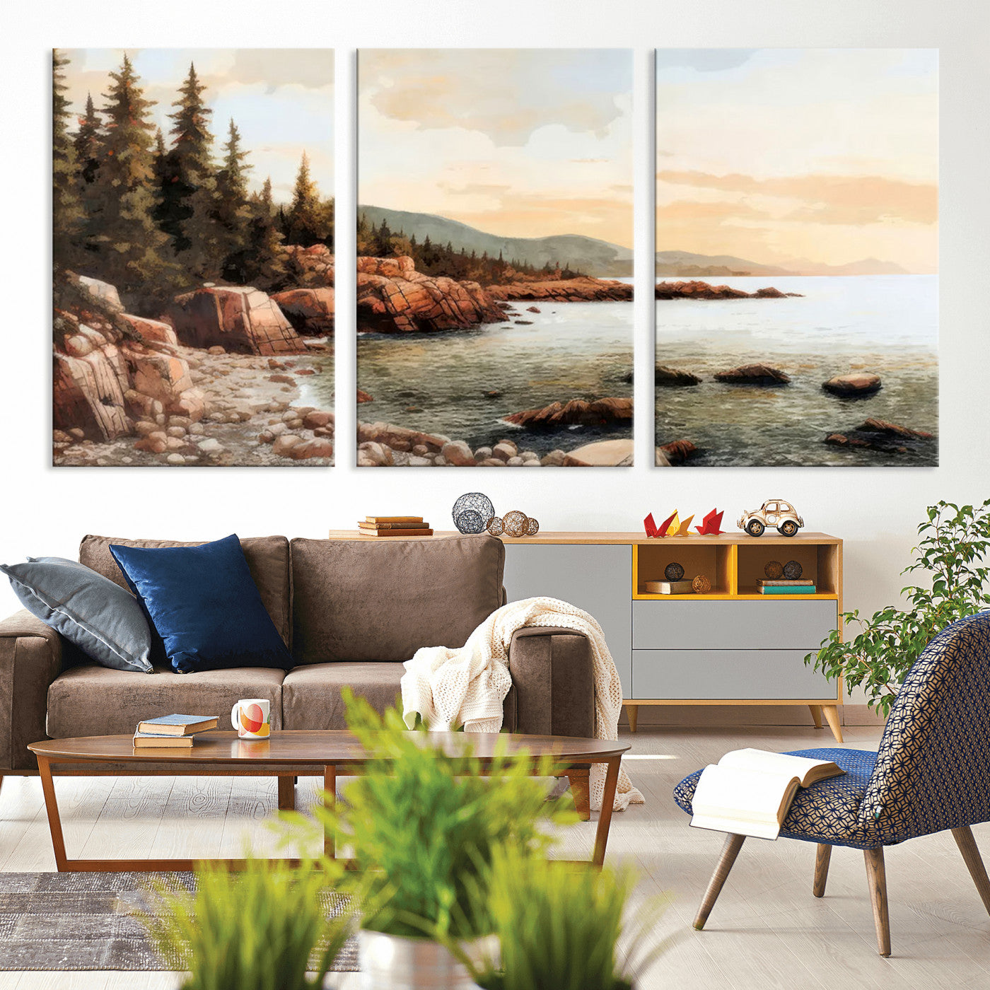 77145-MGV-CV-36X24-Coastal Landscape Wall Art – Panoramic Rocky Shoreline and Pine Trees Canvas Print, Rustic Nature Decor for Cabin, Lodge, Office,