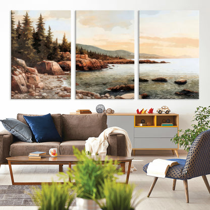 77145-MGV-CV-36X24-Coastal Landscape Wall Art – Panoramic Rocky Shoreline and Pine Trees Canvas Print, Rustic Nature Decor for Cabin, Lodge, Office,