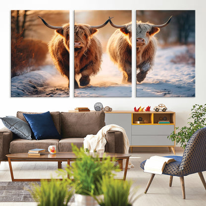 50490-MGV-CV-36X24-Highland Cow Wall Art – Rustic Panoramic Canvas Print Two Cattle Snowy Landscape, Farmhouse Country Decor for Living Room Office