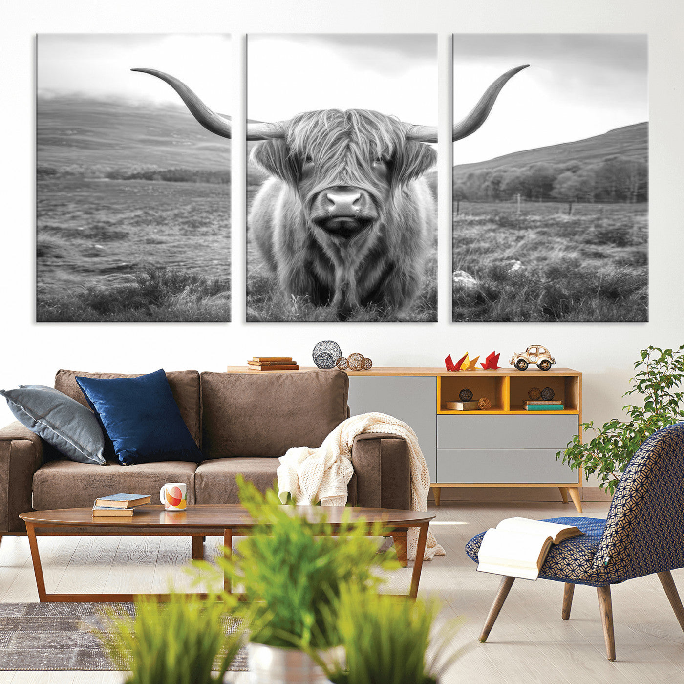 52903-MGV-CV-36X24-Highland Cow Wall Art – Black and White Canvas Print Rustic Cattle Portrait, Farmhouse Country Decor for Living Room, Office,