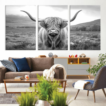 52903-MGV-CV-36X24-Highland Cow Wall Art – Black and White Canvas Print Rustic Cattle Portrait, Farmhouse Country Decor for Living Room, Office,
