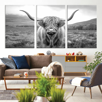 52903-MGV-CV-36X24-Highland Cow Wall Art – Black and White Canvas Print Rustic Cattle Portrait, Farmhouse Country Decor for Living Room, Office,