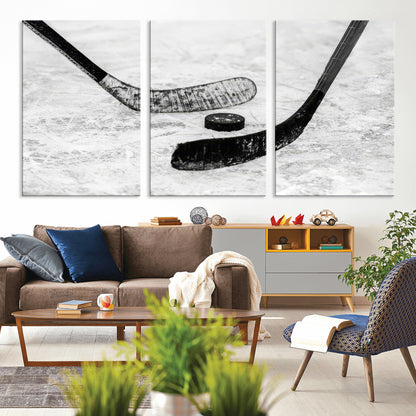 82900-MGV-CV-36X24-Hockey Wall Art – Black and White Canvas Print Ice Rink Sticks Puck Sports Photography, Modern Decor for Game Room, Man Cave,