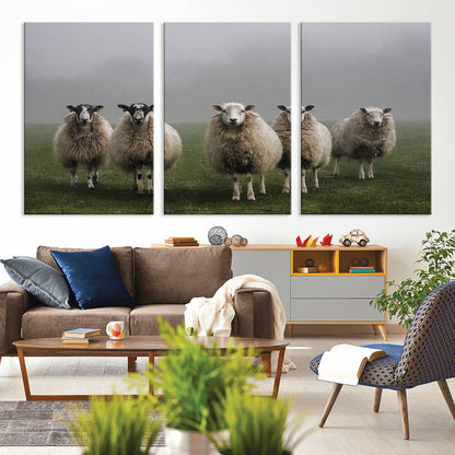 87339-MGV-CV-36X24-Sheep Wall Art – Rustic Farmhouse Canvas Print Flock Standing Misty Field Countryside Photography, Country Animal Decor for Living