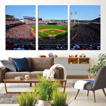 90998-MGV-CV-36X24-Baseball Stadium Wall Art – Canvas Print Day Game Field Packed Crowd Bright Blue Sky Sports Photography, Classic Decor for Game