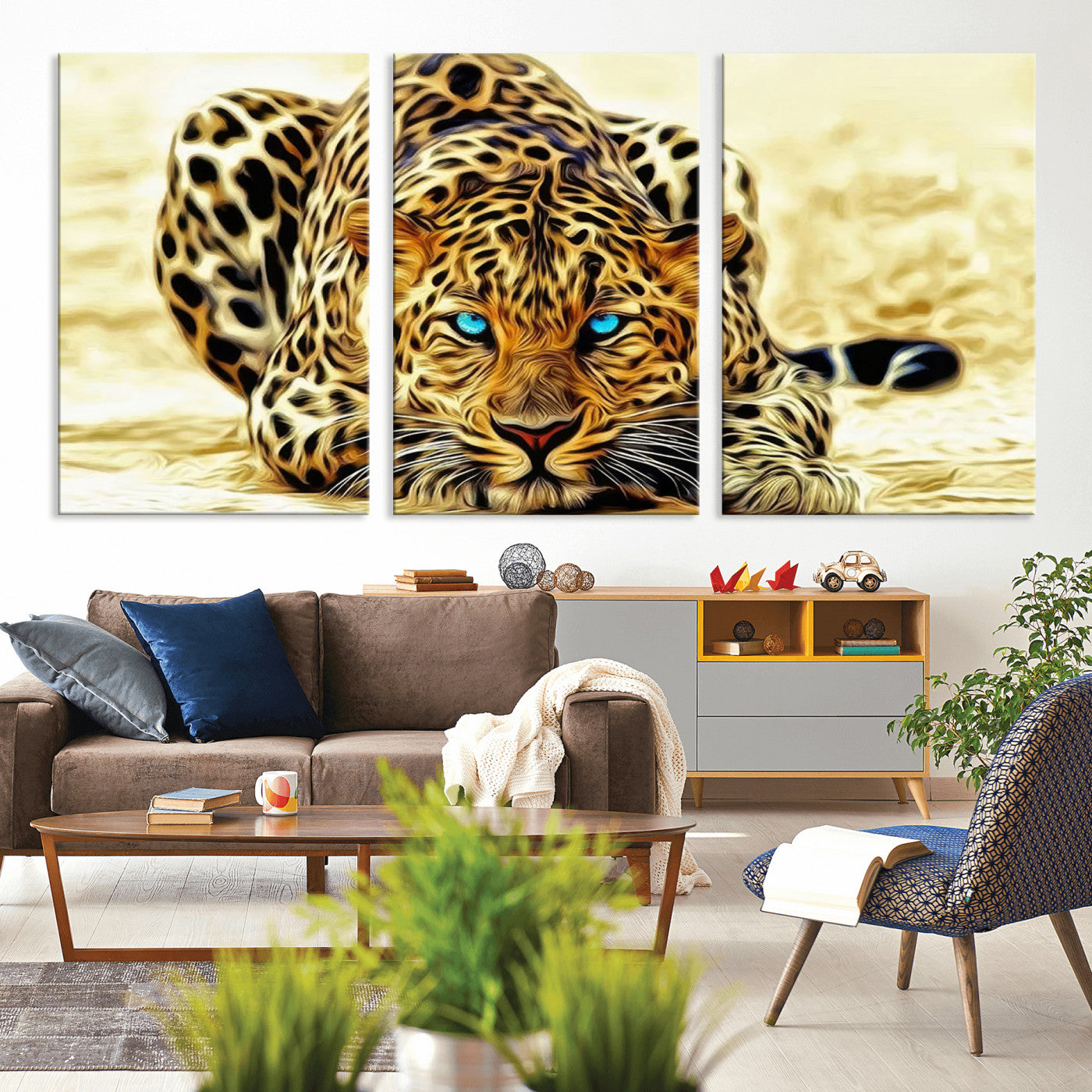 45281-MGV-CV-36X24-Blue Eye Leopard Wall Art Canvas Print, Framed Leopard Painting Art Picture Print, Big Cat Perfect Safari Wildlife Decor Artwork