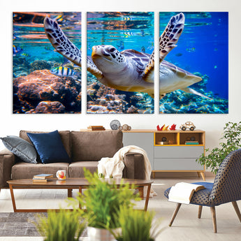 12683-MGV-CV-36X24-Sea Turtle Wall Art – Graceful Ocean Canvas Print with Coral Reef and Tropical Fish, Coastal Marine Life Decor for Beach House,