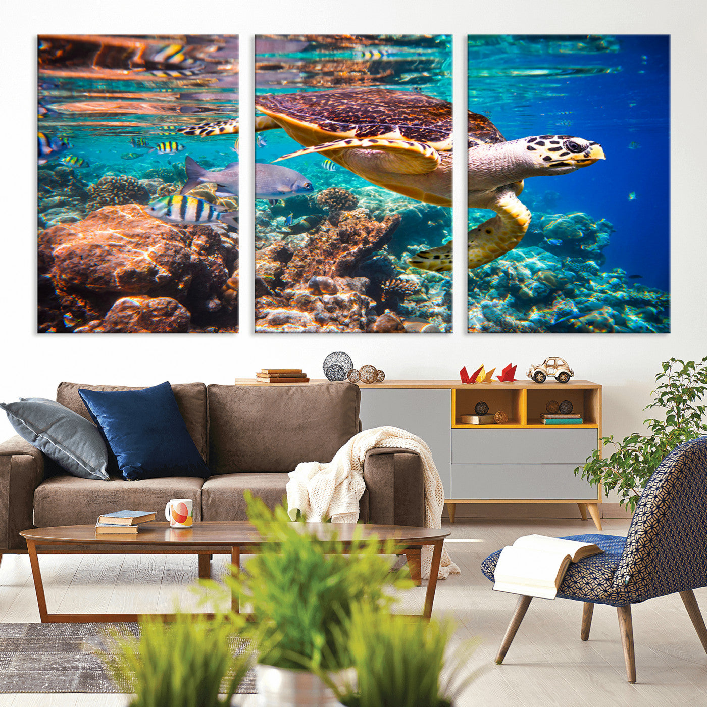 66614-MGV-CV-36X24-Sea Turtle Wall Art – Hawksbill Turtle Swimming Over Coral Reef Canvas Print, Ocean Marine Life Decor for Beach House, Coastal