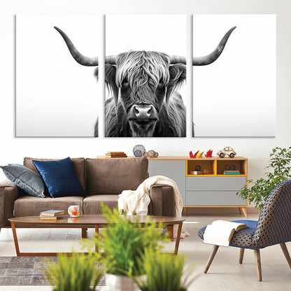 49556-MGV-CV-36X24-Highland Cow Wall Art – Black and White Scottish Highland Cattle Print, Rustic Farmhouse Minimalist Animal Portrait Canvas for