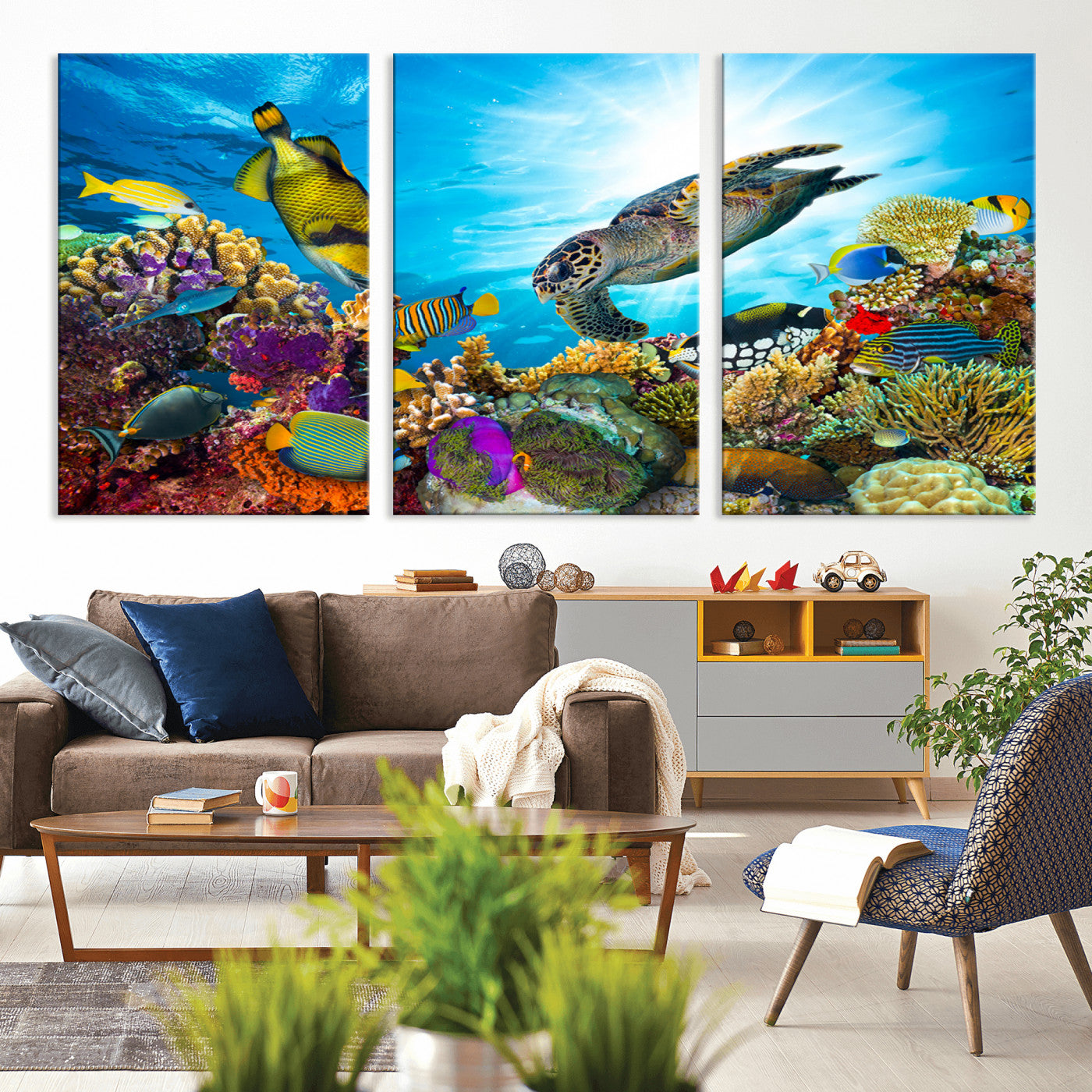 44772-MGV-CV-36X24-Underwater Sea Turtle Wall Art – Vibrant Coral Reef and Tropical Fish Canvas Print, Ocean Marine Life Decor for Living Room,