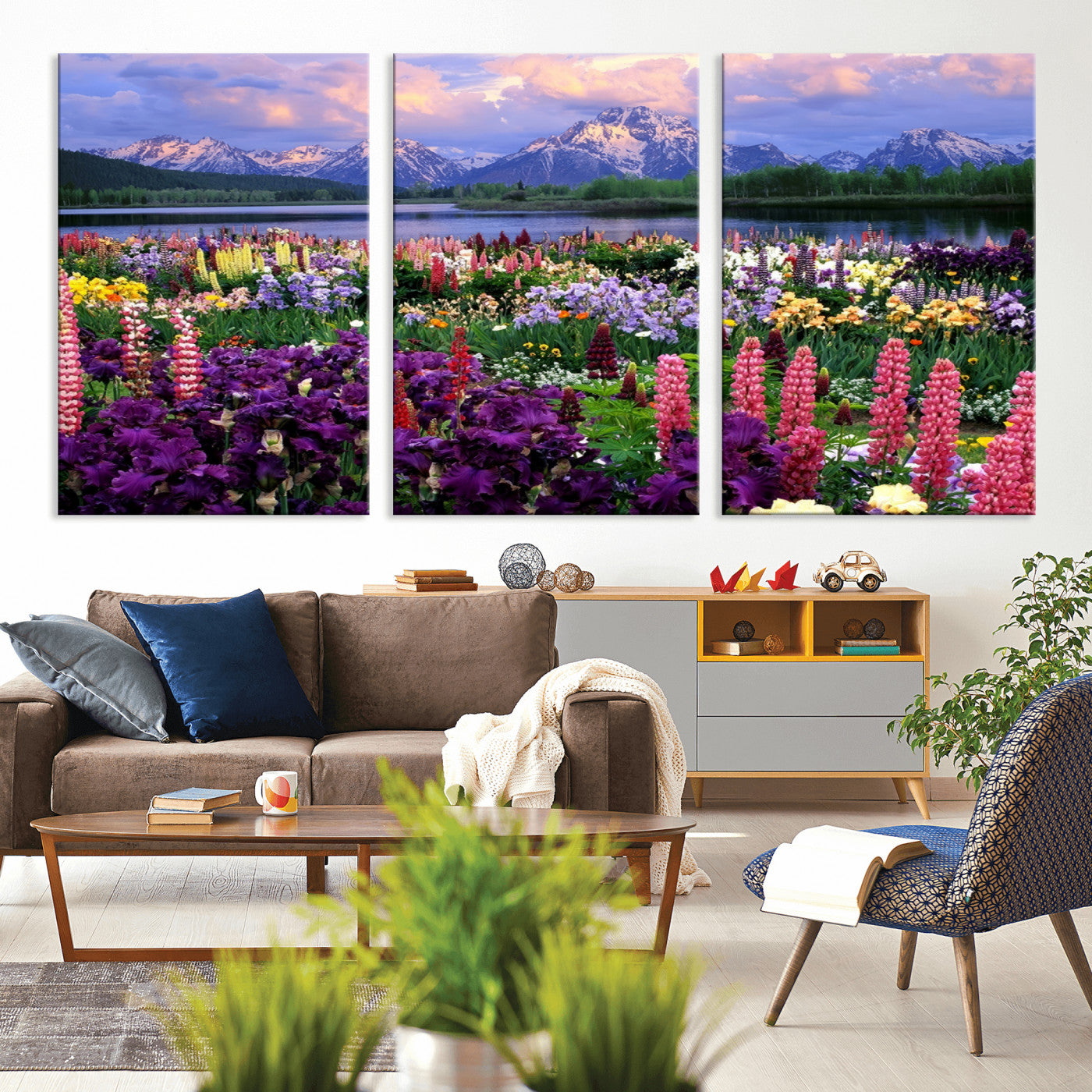 82270-MGV-CV-36X24-Colorful Wildflower Meadow Landscape Wall Art – Snow-Capped Mountain Lake Sunset Print, Vibrant Nature Artwork for Living Room,